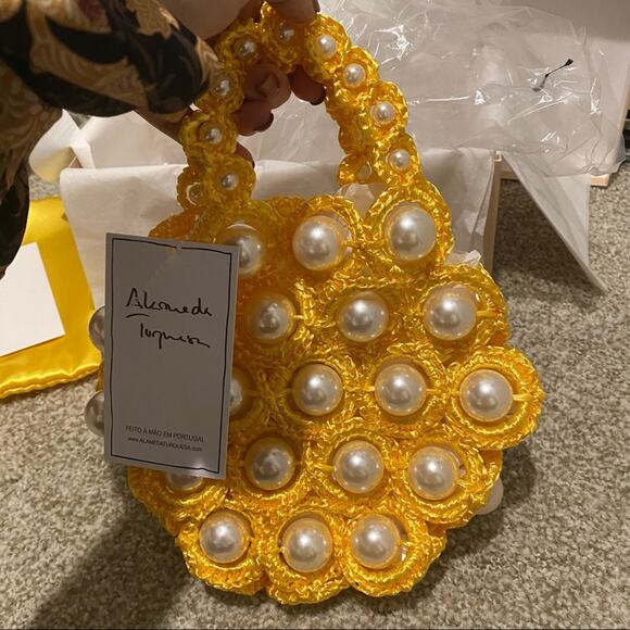 ALAMEDA TURQUESA Hana Woven Pearl Handbag Bag Yellow Handmade Portugal - Picture 4 of 9